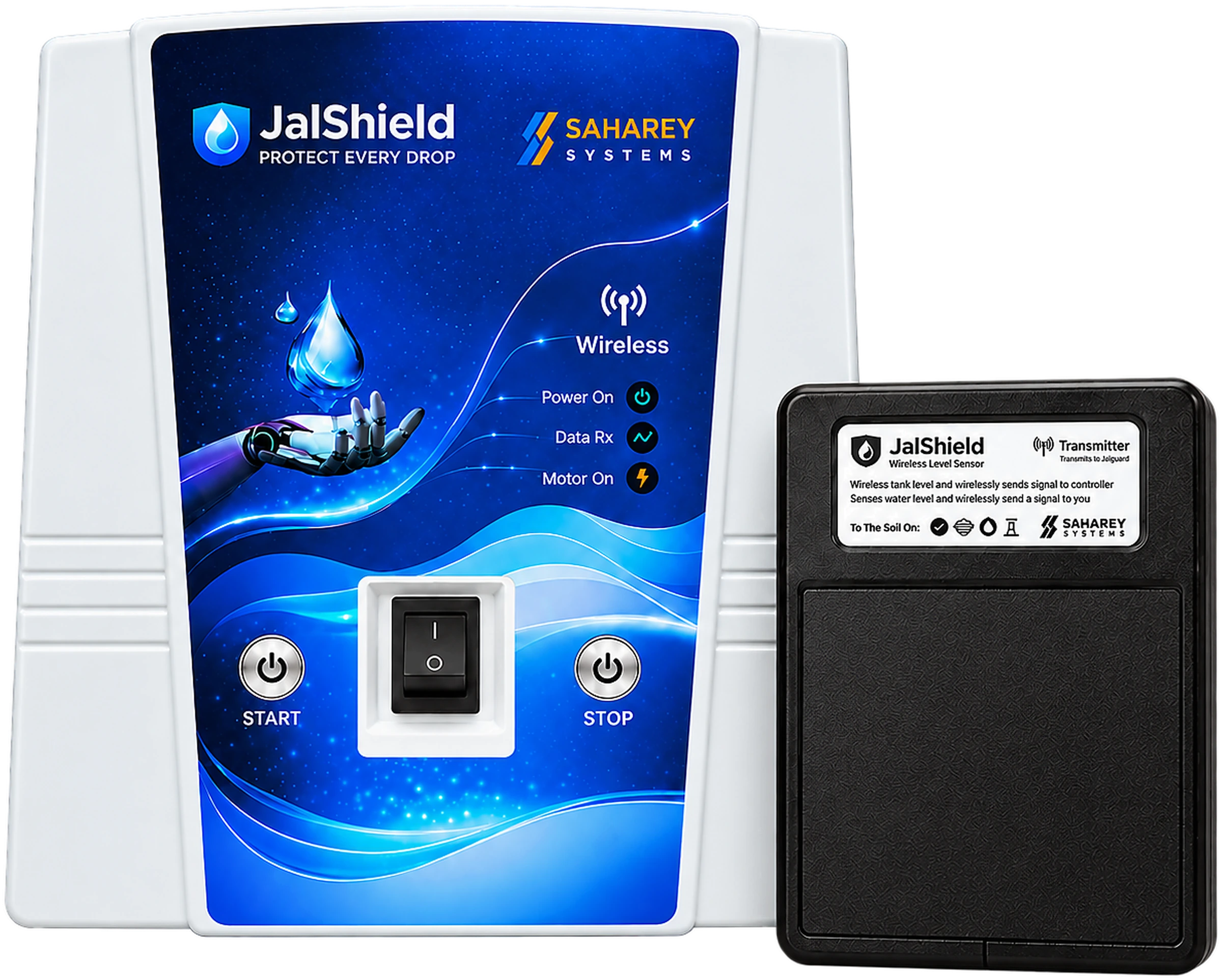 JalShield receiver (white unit with blue front panel, START and STOP buttons and rocker switch) beside the smaller black JalShield transmitter
