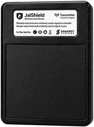 JalShield transmitter, a compact black unit with a white label